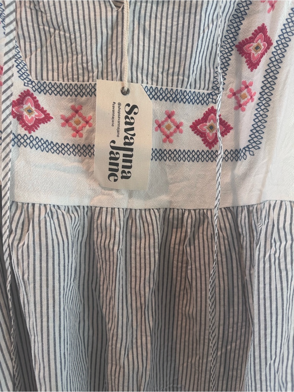 NWT Savanna Jane Embroidered Peplum Blouse Large Boho Striped Tie Neck Top - Picture 2 of 5
